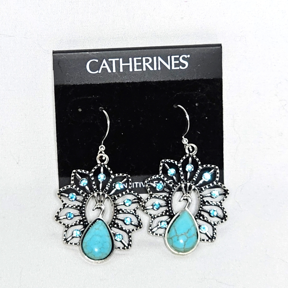 Catherines silvertone blue gems dangle earrings nwt